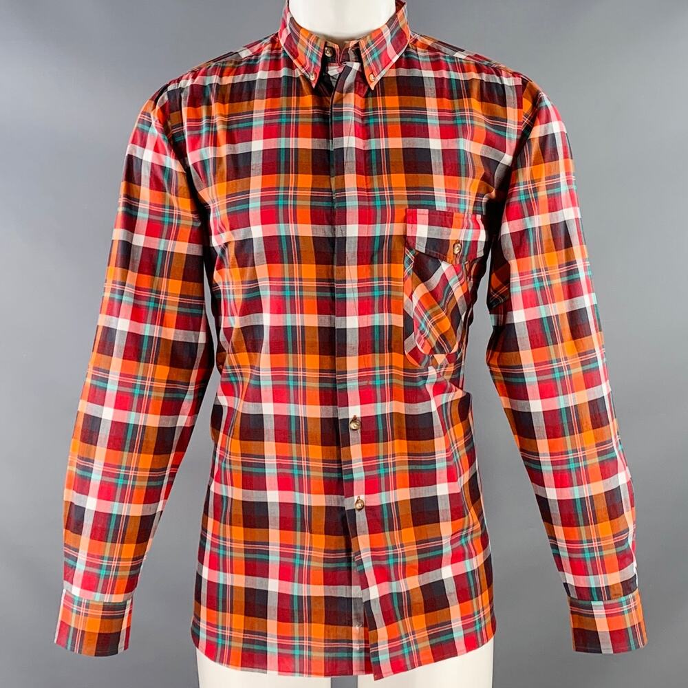 M Red Multi Color Plaid Cotton One Pocket Button Down Collar Long Sleeve Shirt